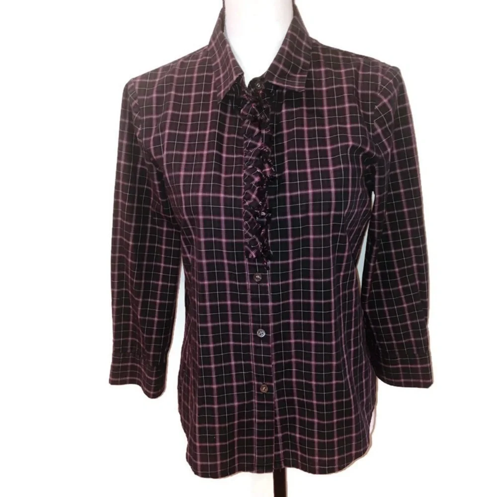 Theory Ruffle Button Up Shirt | Size Large - Picture 2 of 10